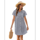 thumbnail image 3 of Vestido Camisero Informal de Verano para Mujer, de Algodón y , con Cuello en V, Botones, Corta y Cintura Holgada, Azul Marino A Rayas, Talla S, 3 of 8