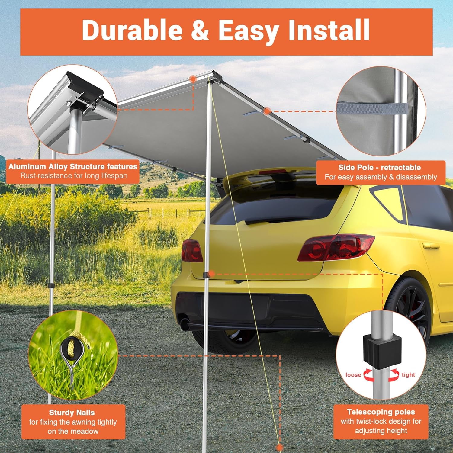 Yescom 4.6x6.8Ft Car Side Awning PU2000mm UV50+, Grey