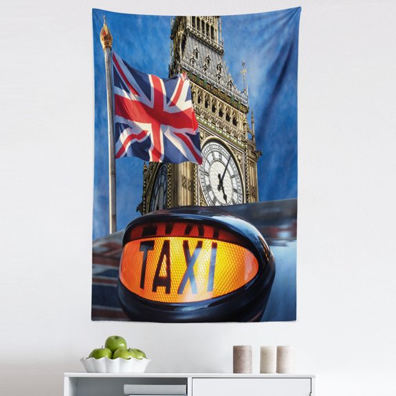 Union Jack Tapestry, Union Jack Flagon Pole and Big Ben Taxi Cab Urban Modern Countrys Image, Fabric Wall Hanging Decor for Bedroom Living Room Dorm, 5 Sizes, Multicolor, by Ambesonne
