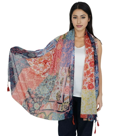 Women's Boho Floral Printed Scarf Fashion Fringed Colorful Shawl Wrap Scarves- Multicolored