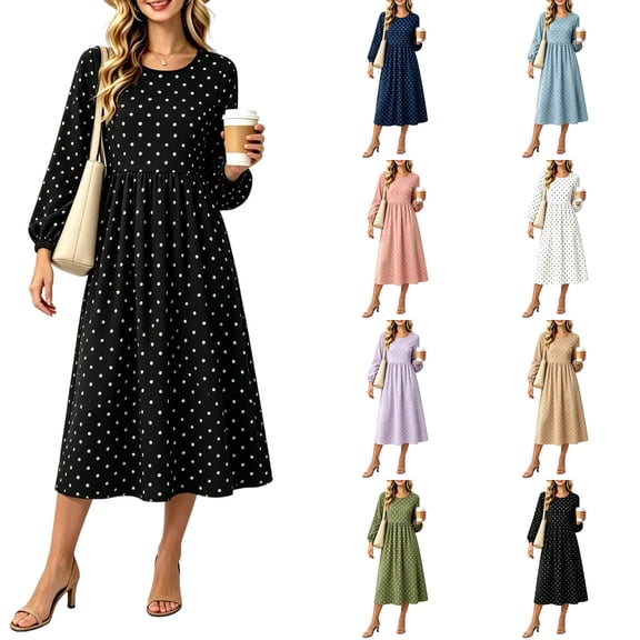 Nugftut Long Sleeve Midi Dresses for Women Polka Dot Crew Neck Casual Dress Cozy Autumn Daily Wear