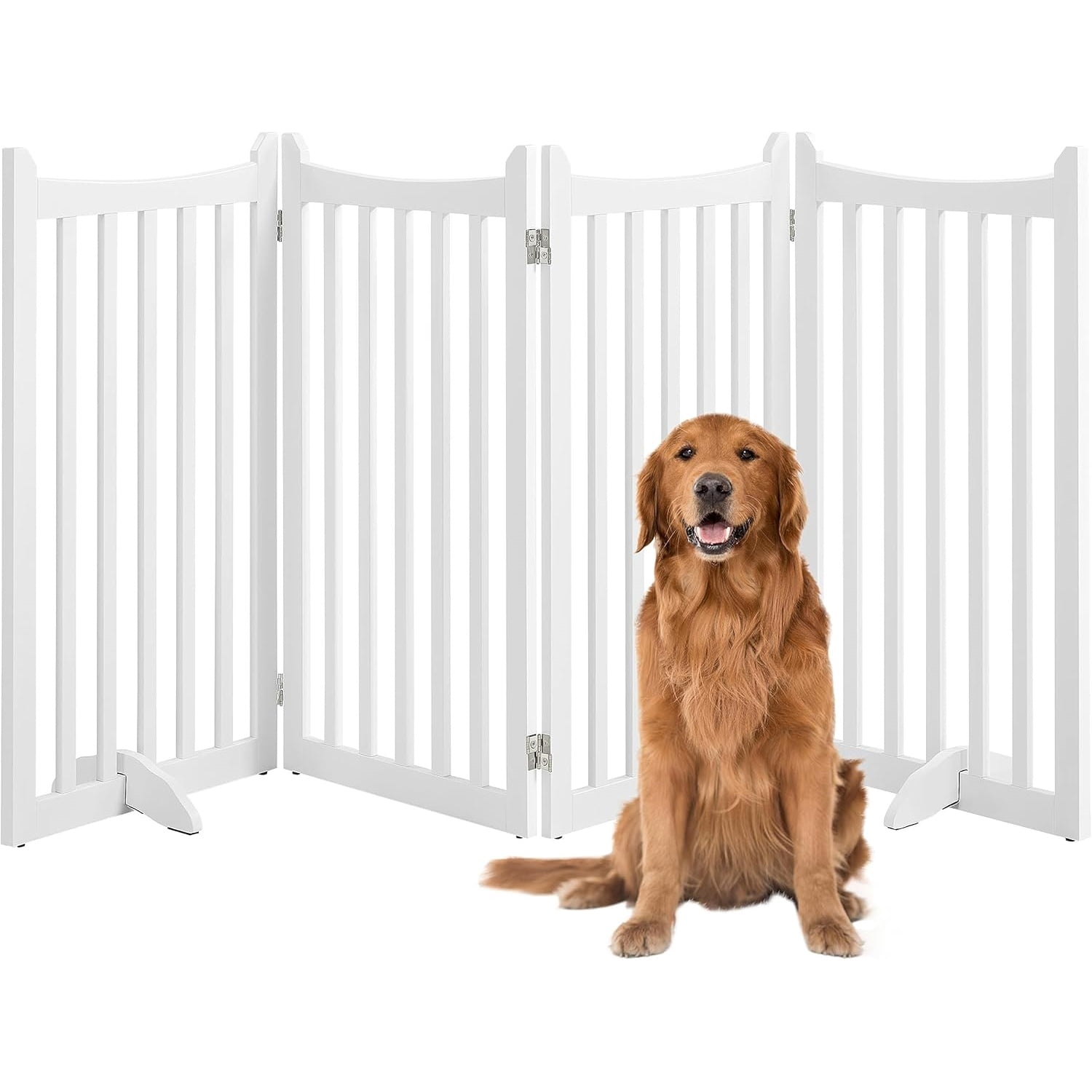 36" H Extra Tall Freestanding Pet Gate 4-Panel Wooden Dog Fence with 2 Support Feet Folding Dog Gate for Indoor, Stairs, Doorways, Halls, Kitchen Wooden Pet Barrier White, 79.5" L x 36" H
