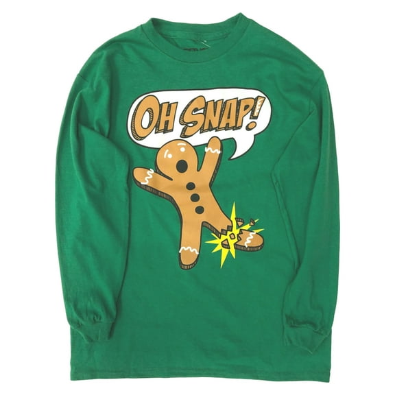 Boys Green Oh Snap Gingerbread Man Long Sleeve Christmas Holiday Tee Shirt XL