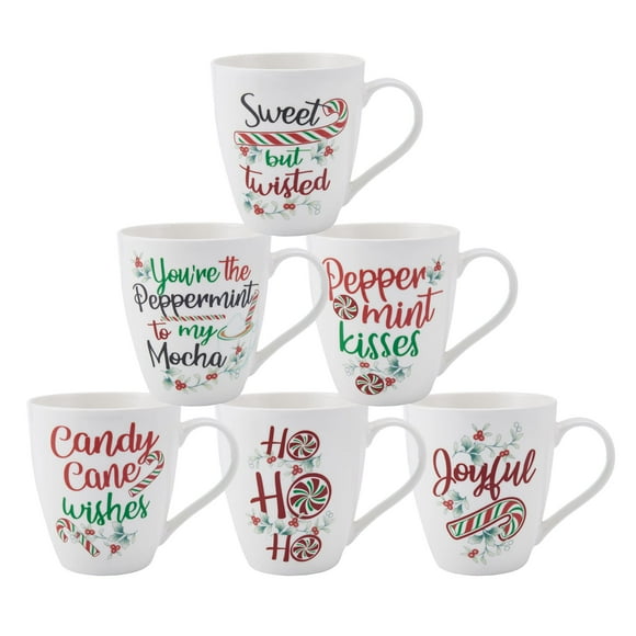 Pfaltzgraff Winterberry Holiday Whimsical Coffee Mugs, 6 Count (Pack of 1), Multicolor