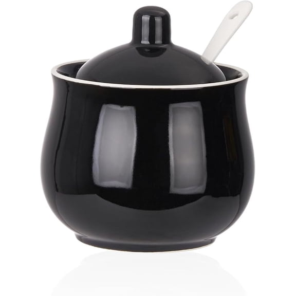 CZQ Ceramic Sugar Bowl with Lid and Spoon, Black Porcelain Sugar Salt Pepper Storage Jar, 8 Ounces