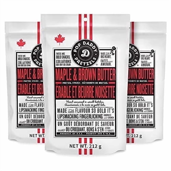 Pop Daddy Flavored Pretzels Sticks, Gourmet Pretzels Snacks, 7.5oz Individual Bags, 3 Pack, Maple and Brown Butter Flavor