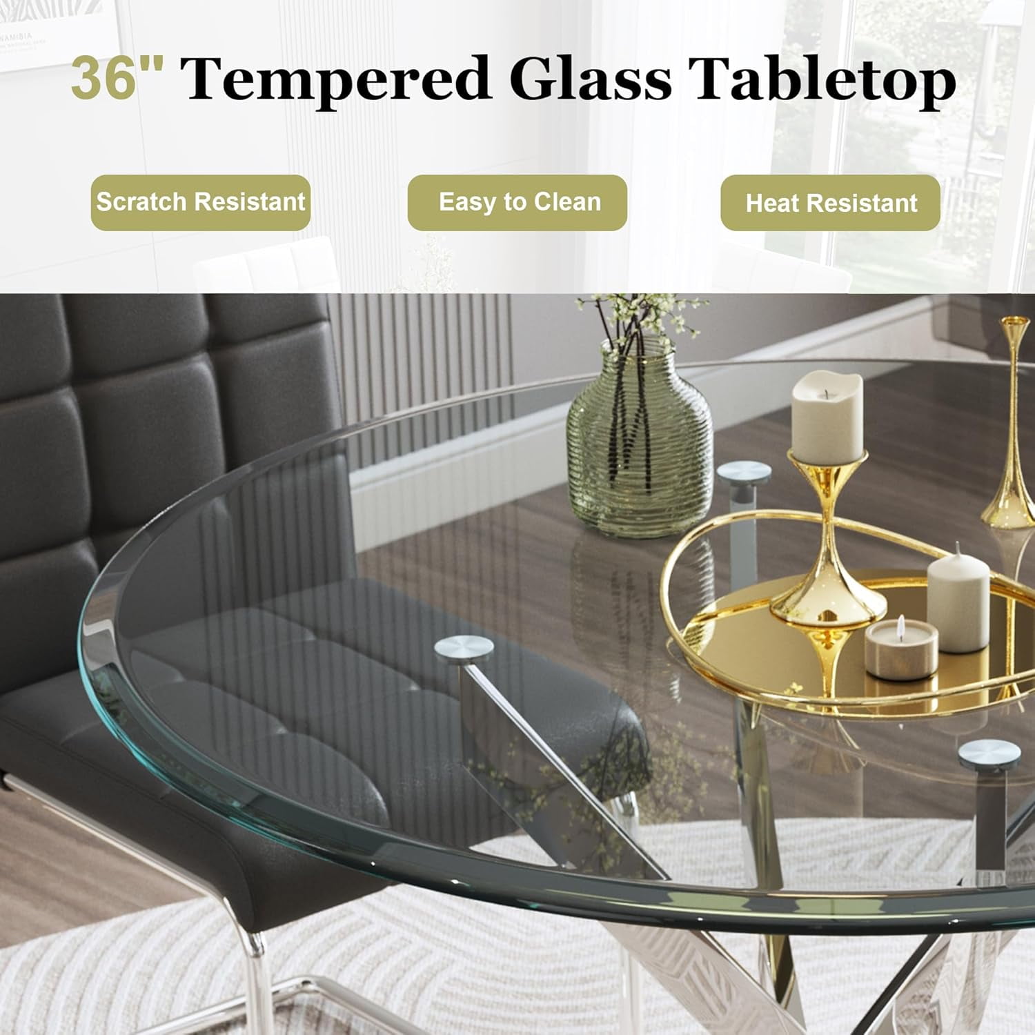 5-Piece 36" Round Glass Dining Set, Clear Tempered Glass Table & 4 PU Leather Chairs with Stainless Steel Legs for Kitchen, Meeting Room