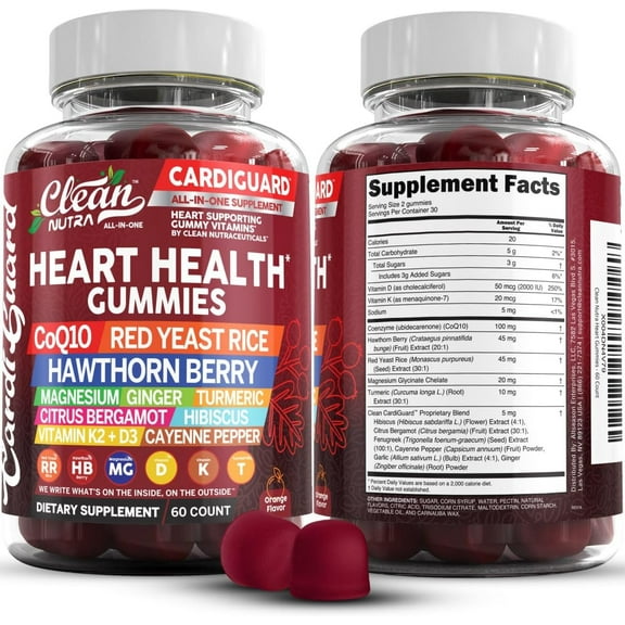 Clean Nutraceuticals Coq10 Gummies | Red Yeast Rice Hawthorn Berry Ginger Turmeric Citrus Bergamot Hibiscus Vitamin K2 D3 Magnesium Glycinate Cayenne Pepper Fenugreek Orange Flavor CardiGuard