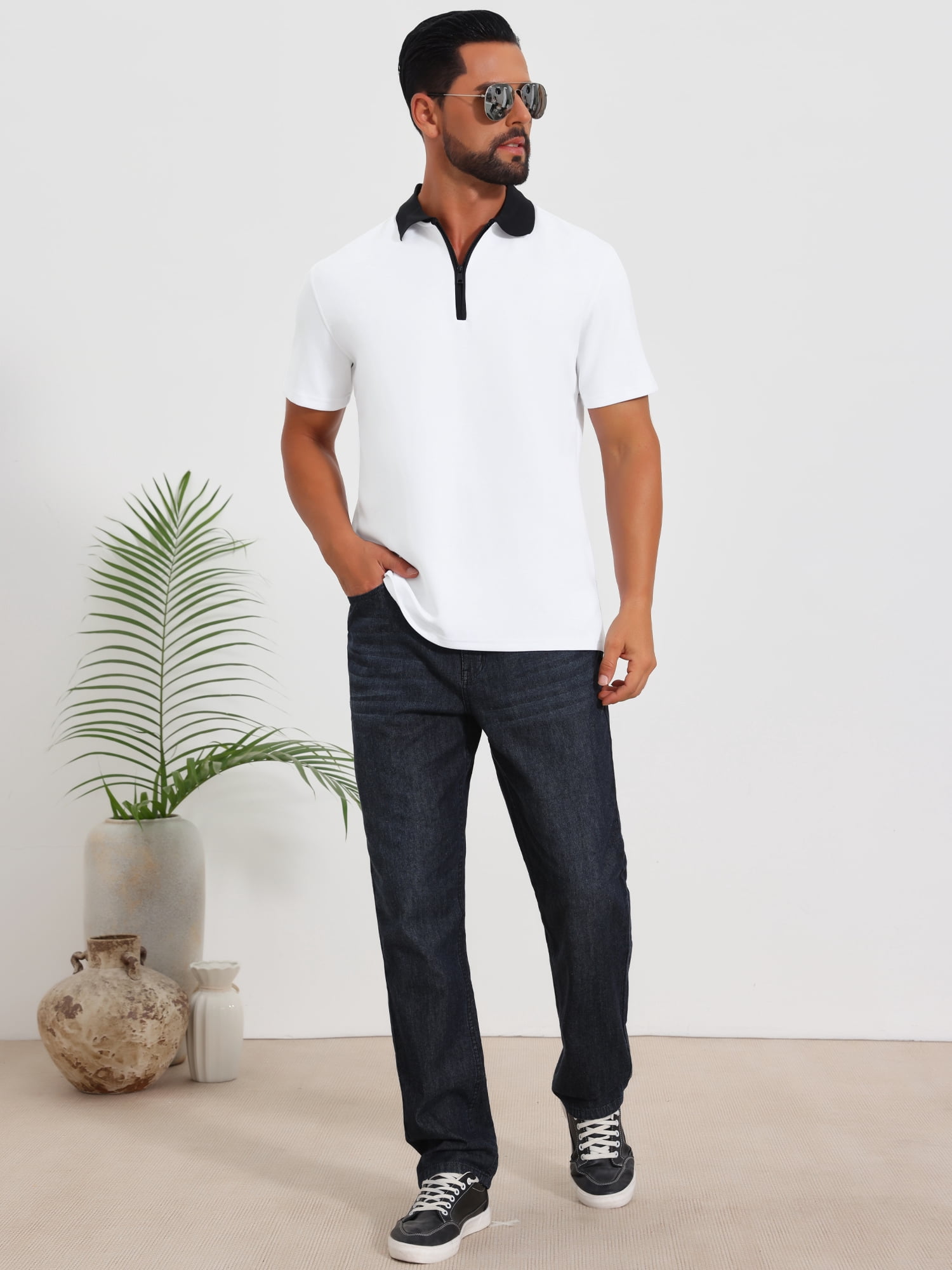DARING DIVA Men's Zipper Closure Colorblock Short Sleeve Basic Polo Shirt S White