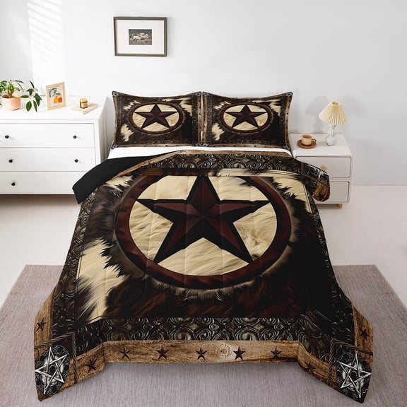 YST Highland Cow Comforter Set for Kids Boys Girls,Farmhouse Cowhide Bedding Sets Queen Size,Western Texas Star Duvet Insert Warm,Rustic Wooden Fur Down Comforter with 2 Pillow Shams Soft