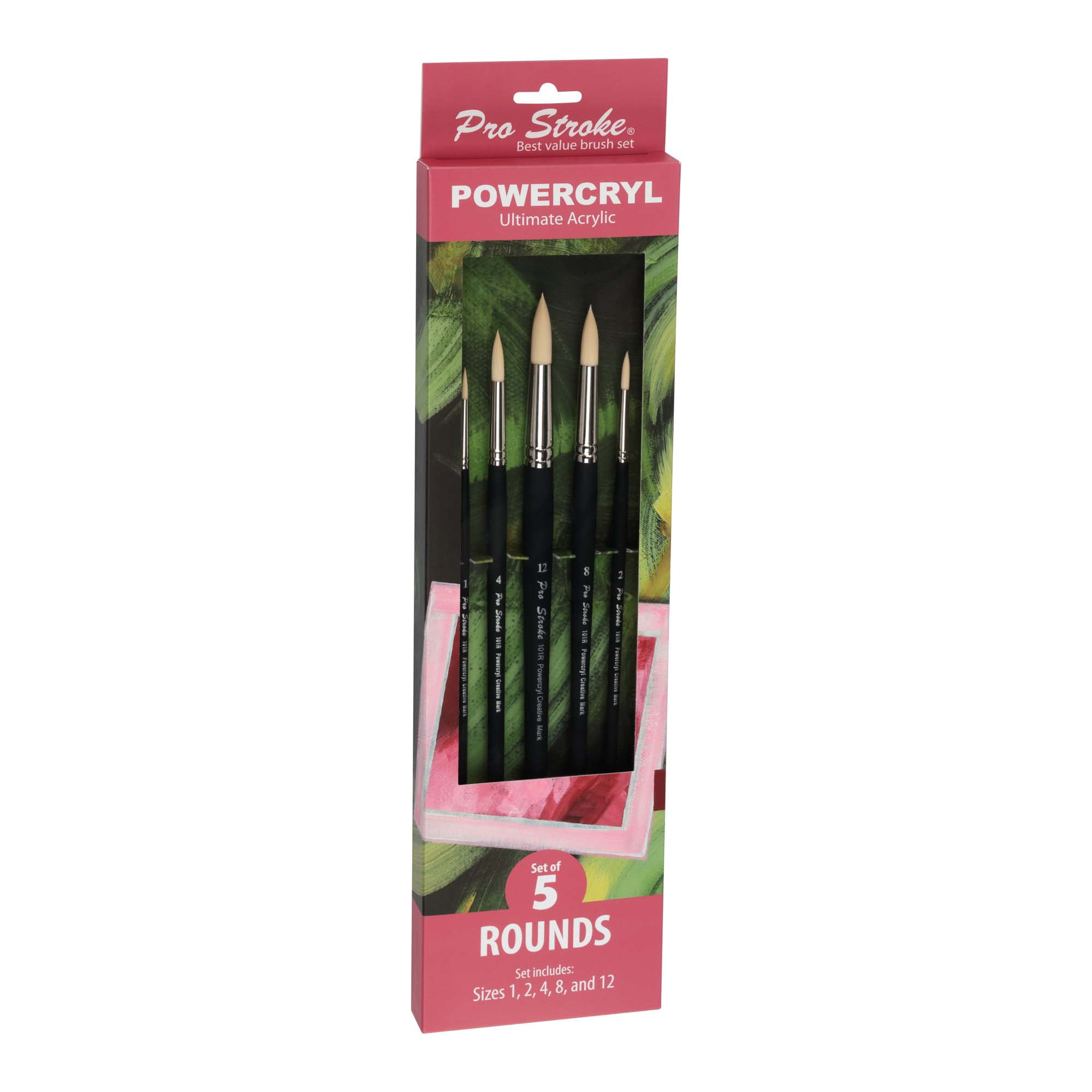 Creative Mark Pro-Stroke Powercryl Acrylic Paint Brushes - Rounds Value Set of 5, Synthetic Paint Brushes for Artists, Seamless Nickel-Plated Ferrules, Matte Black Wooden Handle, Soft-Touch Grip