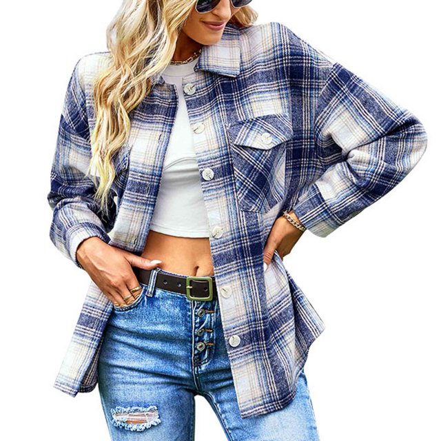 Abrigo A Cuadros De Manga Larga Solapa Con Botones Abajo Abrigo Informal De Mujer Simple Y Elegante Para La Vida Diaria Compras Vacaciones Citas Azul M