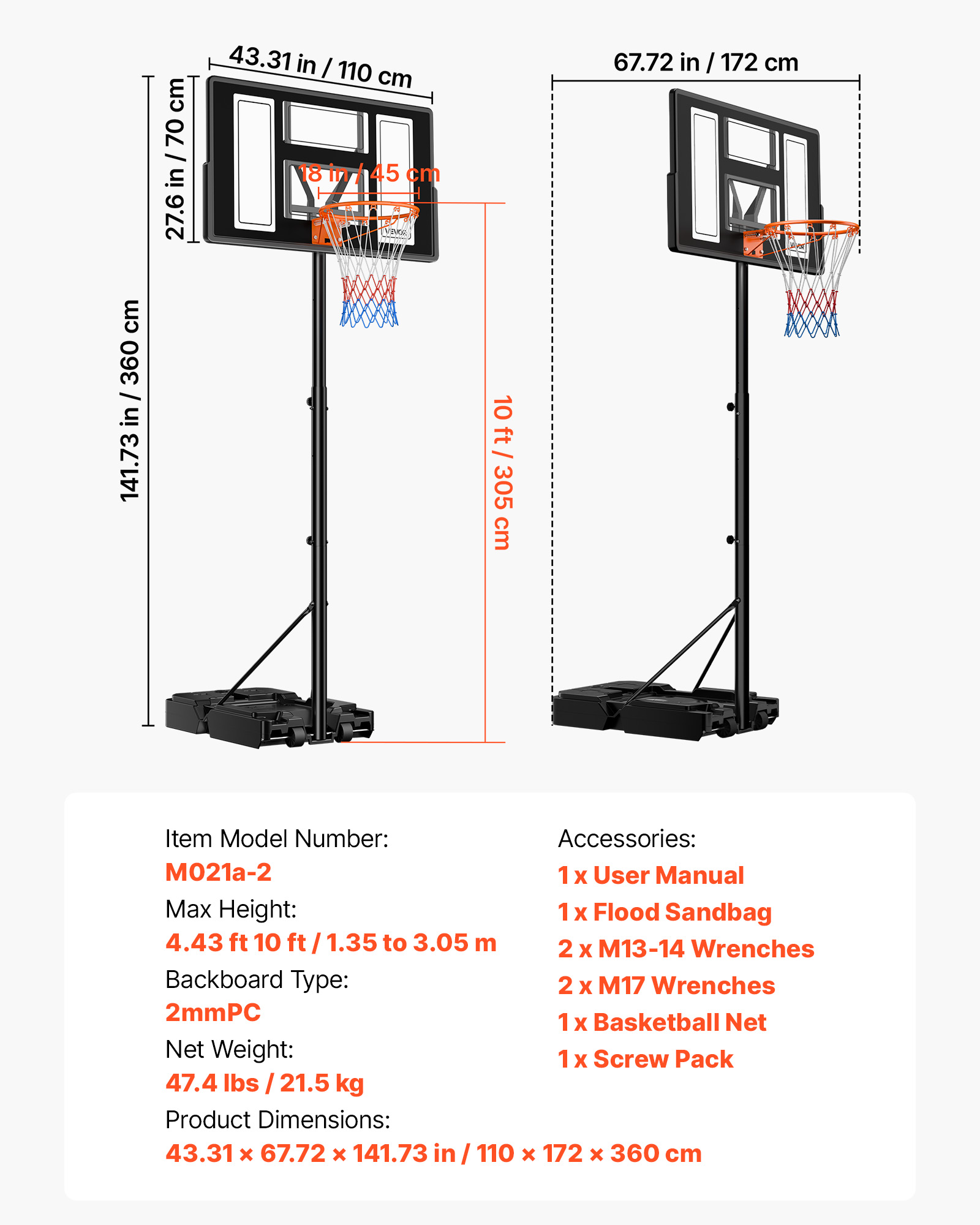 VEVOR Portable Basketball Stand, 4.4 ft to 10 ft Height Adjustment Basketball Hoop & Goal, Adjustable Basketballs Goal System with Built-in Rolling Wheels for Kids, Teens, Adults in Driveways, Pools
