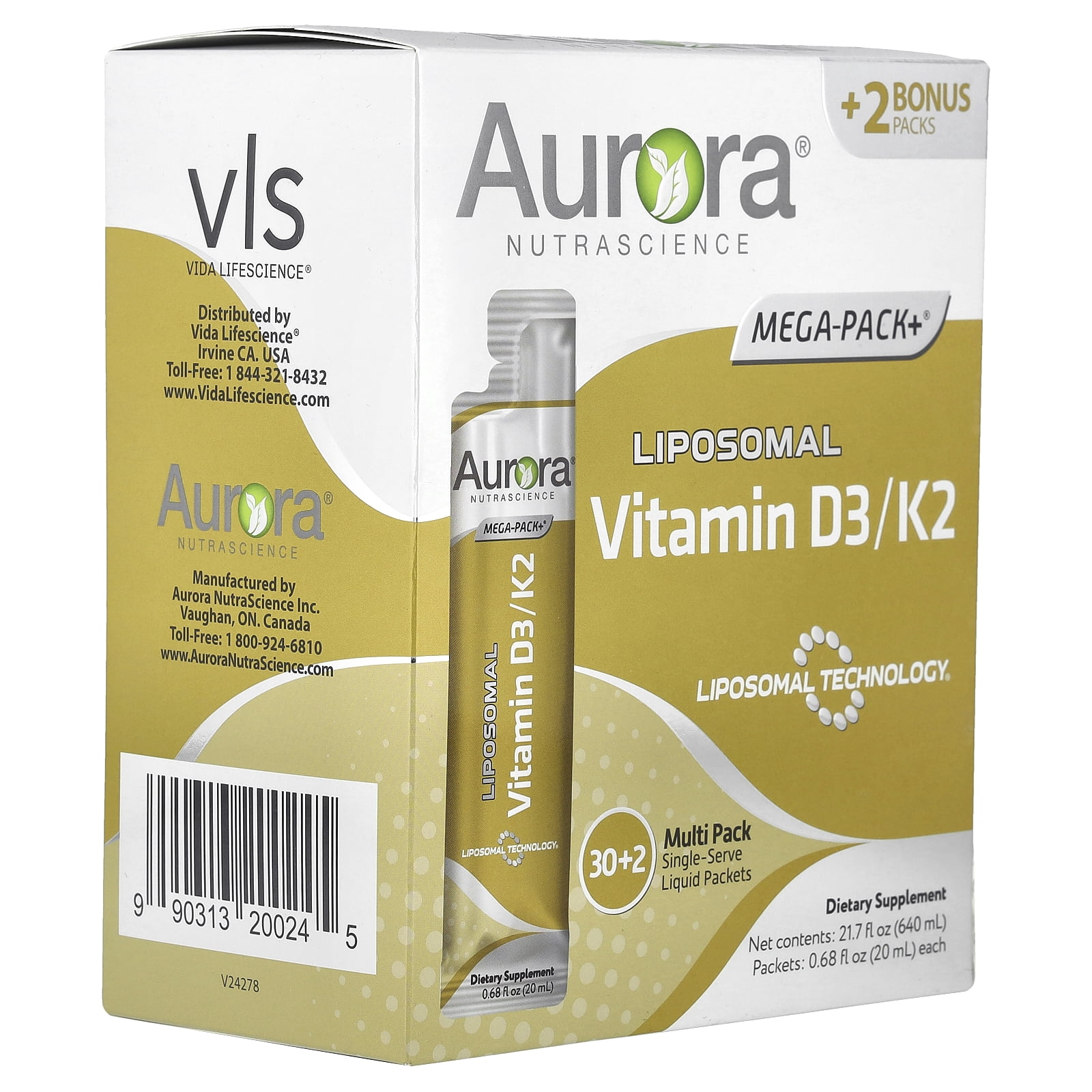 Aurora Nutrascience Liposomal Vitamin D3/K2, 32 Packets, 0.68 fl oz (20 ml) Each