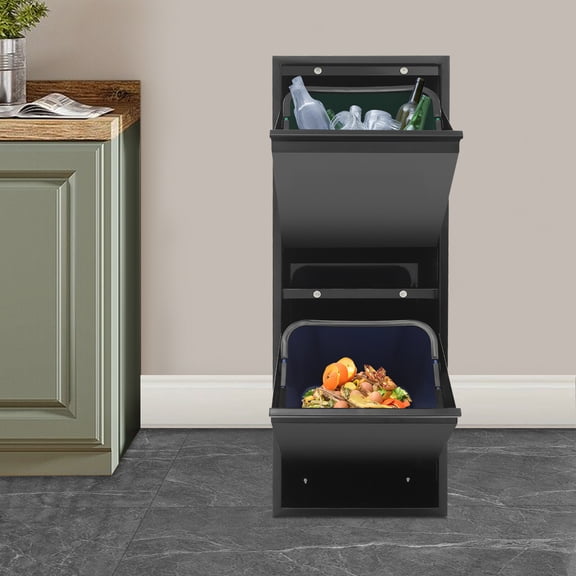 56.8L Waste& Recycling Cabinet w/ 2 Buckets Tilt Out Trash Bin Cabinet Organizer Organize Various Household Garbage and Other Tools