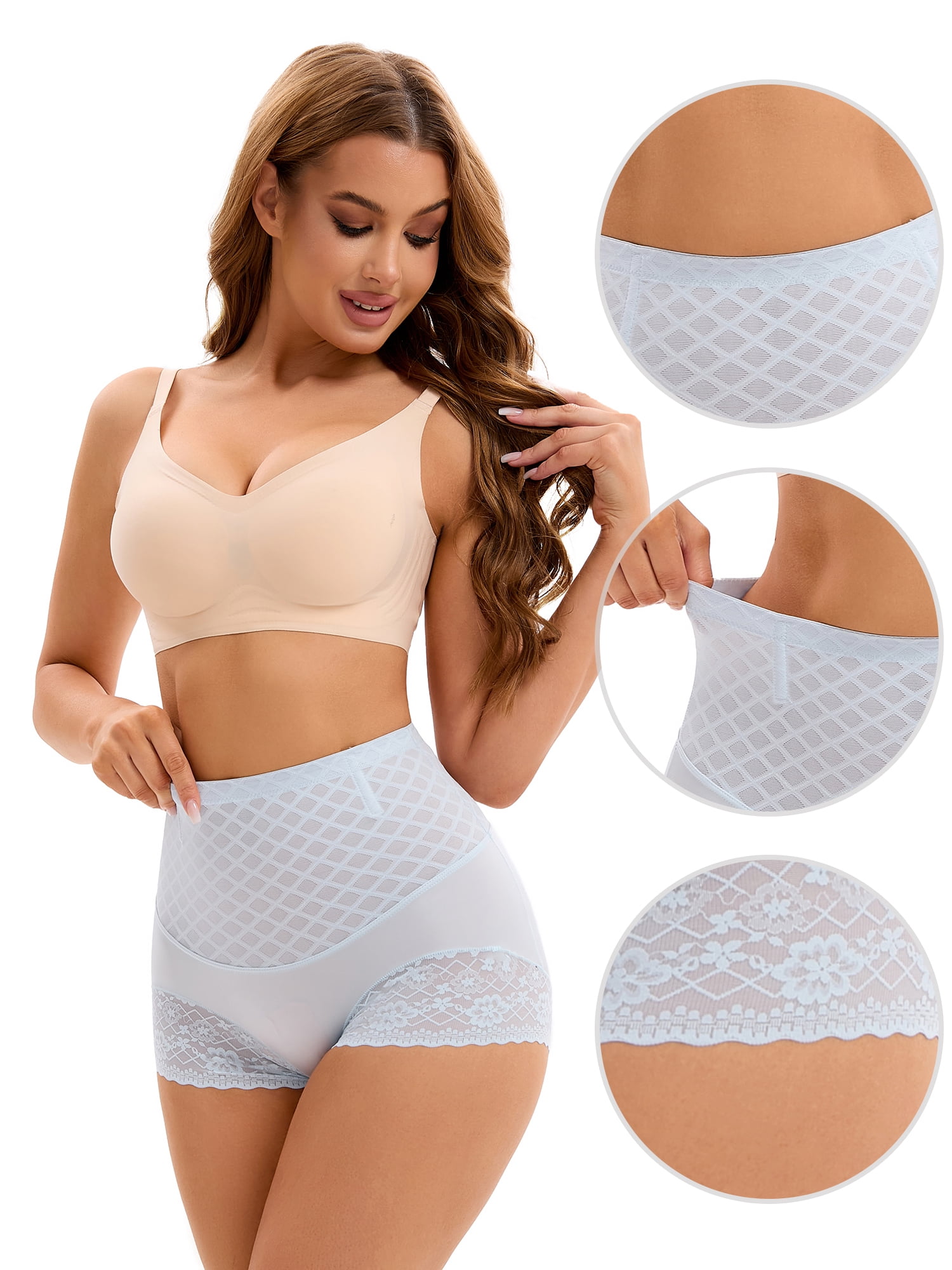 DARING DIVA Women's Tummy Control Lace Mesh Underwear Brief Shapewear Panties Blue XS