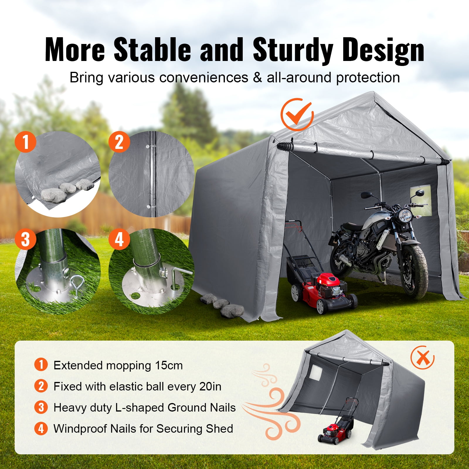 KFFKFF Portable Storage Shelter Garage Storage Shed 8 x 14 x 7.6 ft & Zipper Door,Made with Galvanized Steel Poles and Three Layers of 240G PE Cover,Provide Excellent Ventilation