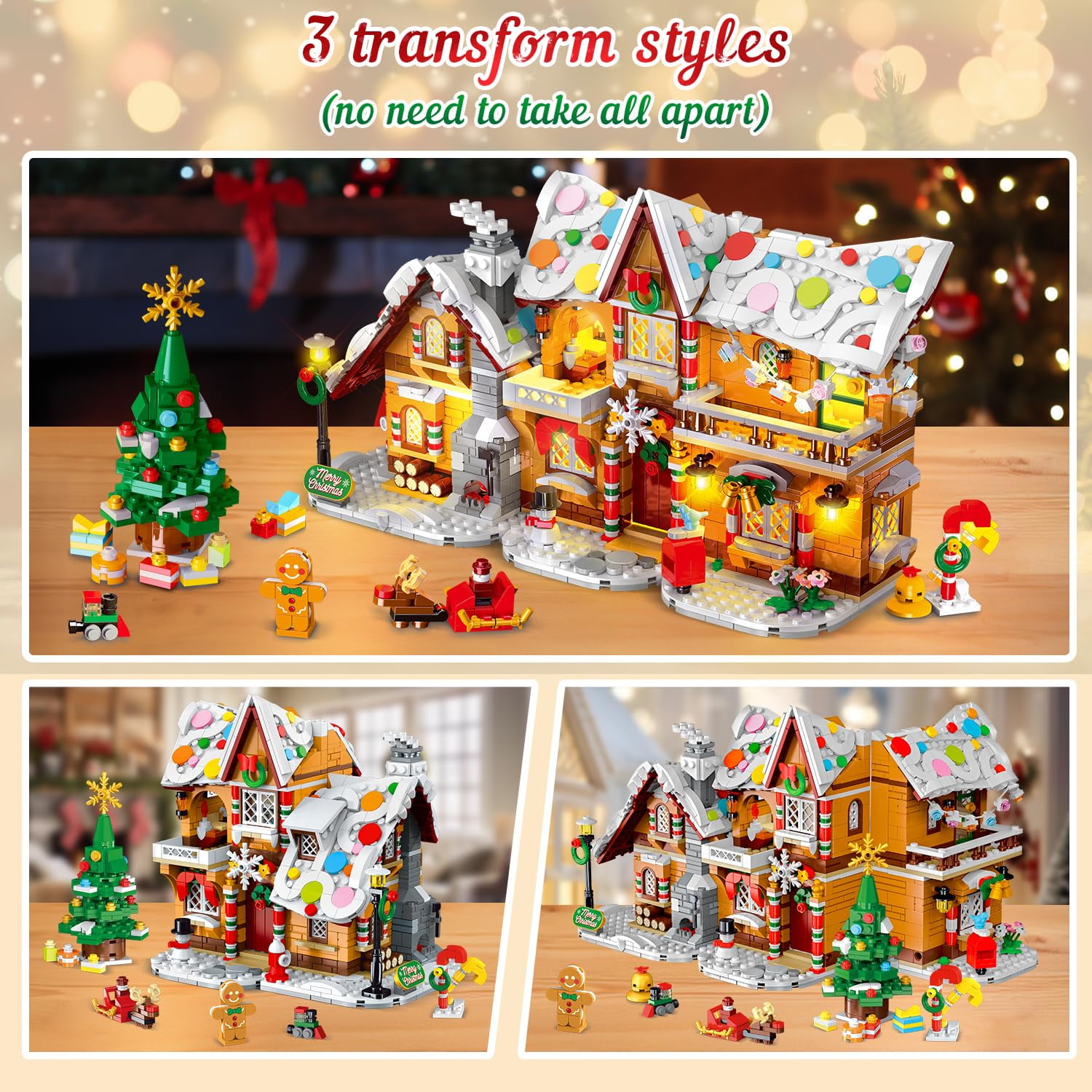 HOGOKIDS 1397PCS Christmas Gingerbread House Building Set, 3-in-1 Holiday Village Model with Santa Claus, Christmas Tree and Mini Figures, Building Blocks Set for Adults and Kids Ages 8+