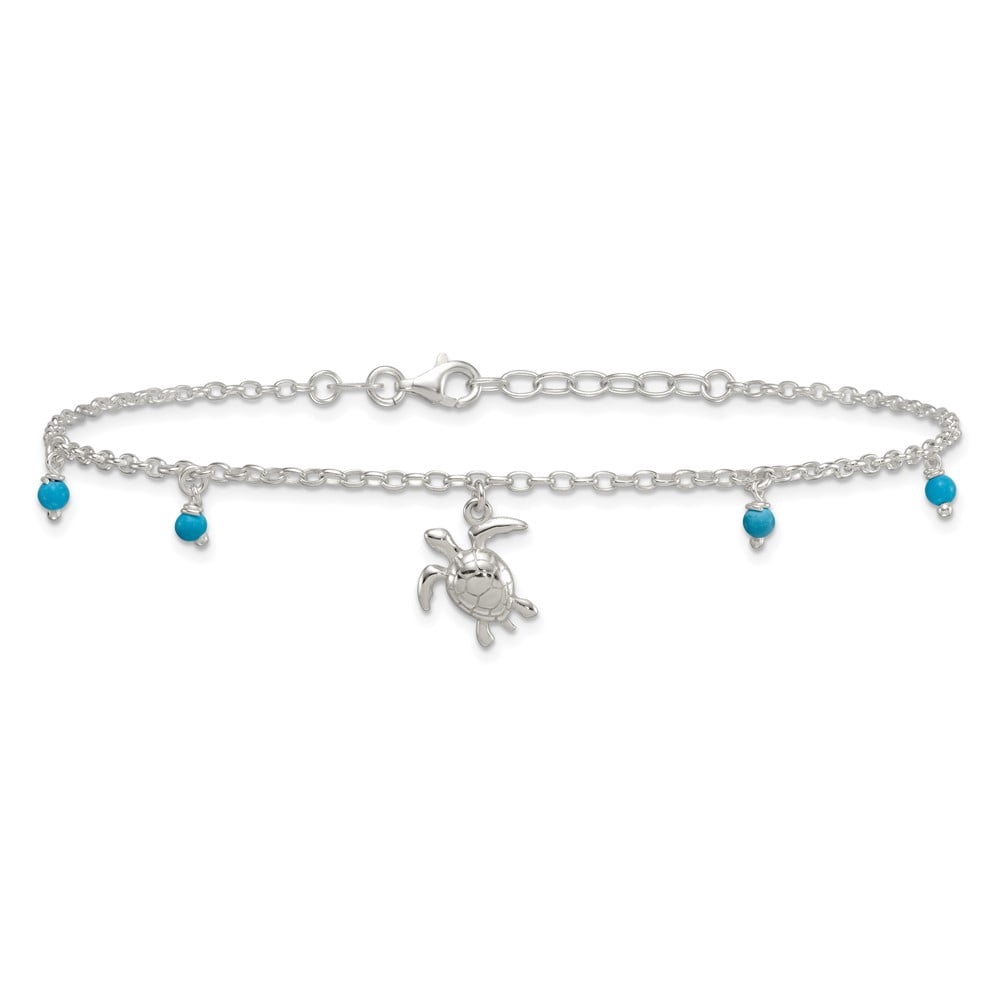 Sterling Silver Polished Turtle with Turquoise Beads 9 inch with 1 inch Extension Anklet