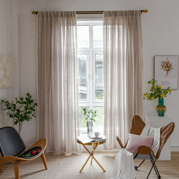 Cortinas de casa de campo con borlas de lino Cortinas de bolsillo con bastón de dormitorio bordado Vhermosa