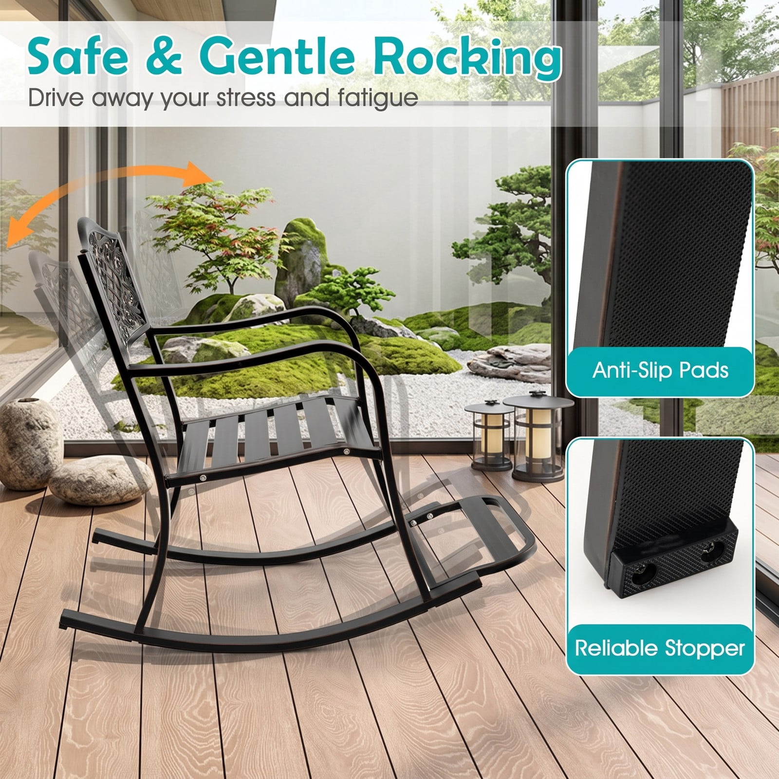 Furnibear Patio Rocking Chair with Cast Aluminum Frame, Floral Backrest and Curved Armrests for Backyard and Porch, Brown