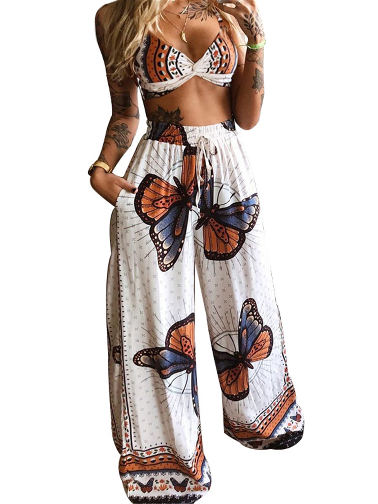 Boho Casual Butterfly Printed Sleeveless Camis Tops+Long Pants Beachwear Two Piece Pants Set for Women 