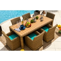Malmo 7-Piece Resin Wicker Outdoor Patio Furniture Dining Table Set In Natural w/ Dining Table and Six Cushioned Chairs (Full-Round Natural Wicker, Sunbrella Canvas Aruba)