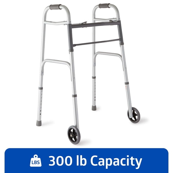 Medline Lightweight Folding Walker for Seniors with 5-Inch Wheels, Steel, Silver, 300-lb Weight Capacity