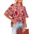 thumbnail image 2 of Blusa de manga corta con cuello redondo, ajuste holgado, diseño plisado, Top informal de verano para mujer para citas, compras diarias, flor gris rosa S, 2 of 6