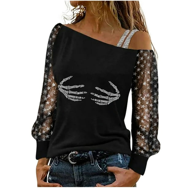 Camisas casuales florales de manga larga para mujer, jersey con hombros descubiertos, blusa holgada con lentejuelas brillantes, Tops tipo túnica Pompotops gfhjh20285