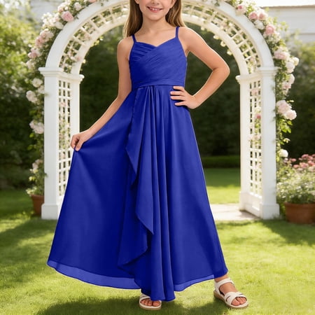 Flower Girl Dress Halter Neck Solid Maxi Dress Girls Flowy A-Lined Chiffon Wedding Flower Girl Gwon Long Dresses for Girls (BU2 7-8 Years)