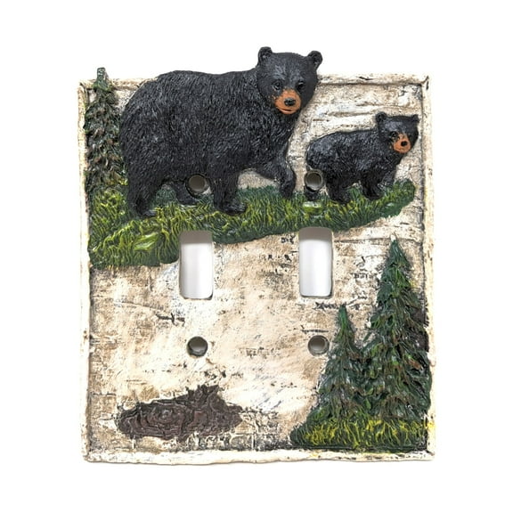 Pine Tree & Bear Double Toggle Switch Cover Wall Plate - Black Bear on Birch Double Switch Cover, Rustic Cabin Wall Plate, Lodge Style Woodland Home Décor