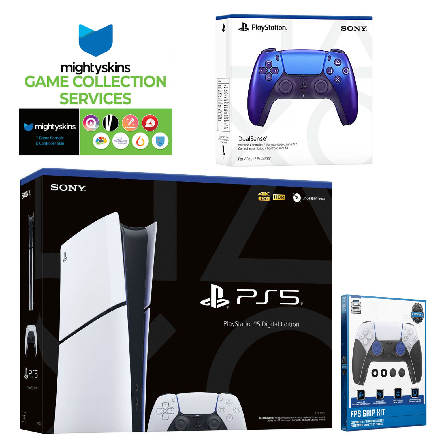 Sony PlayStation 5 Slim Digital with Extra Chroma Indigo Controller, FPS Grip Kit and MightySkins Game Pack Code