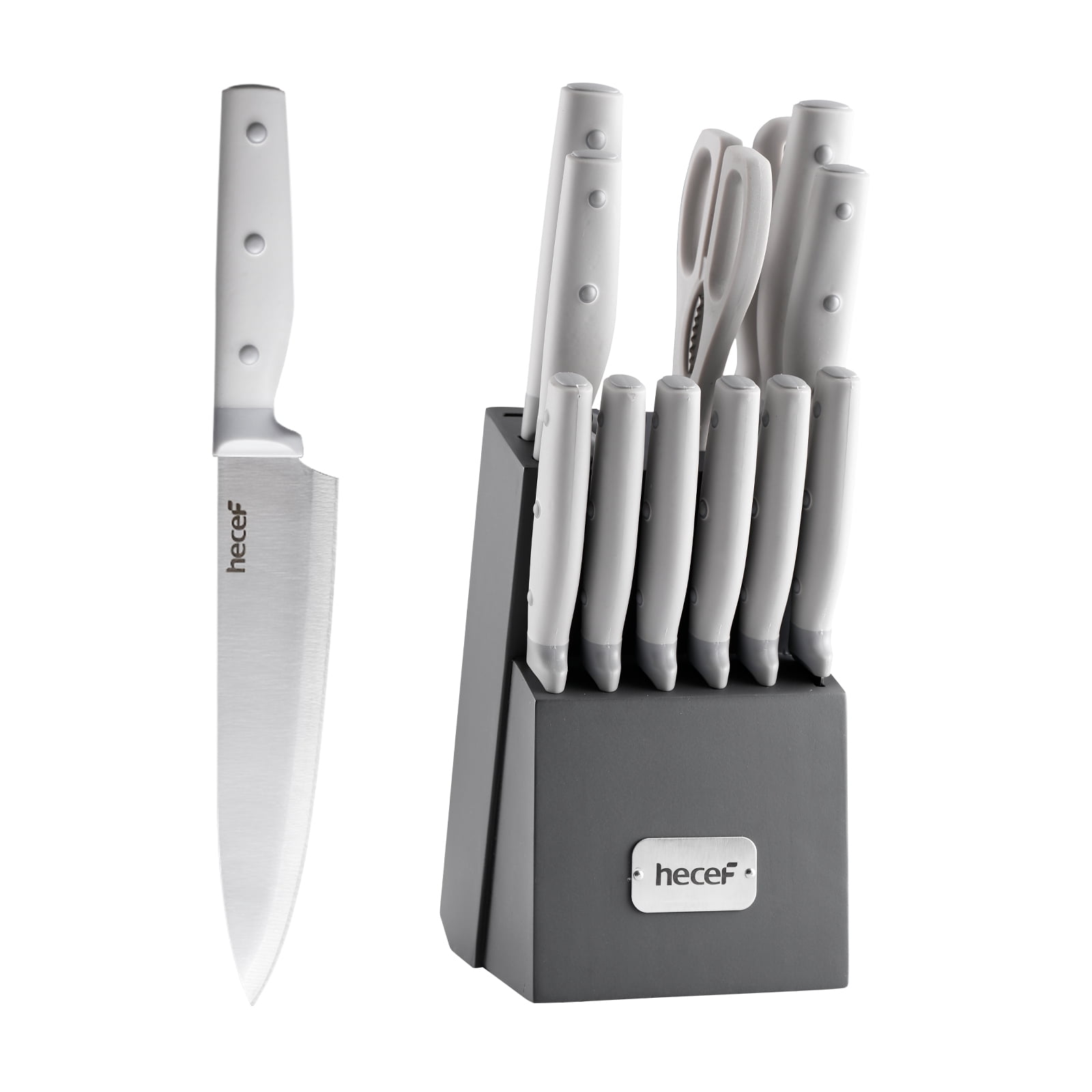 Hecef Kitchen Knife Block Set, 14Pcs High Carbon Stainless Steel Cutlery Knife Set with Sharpener