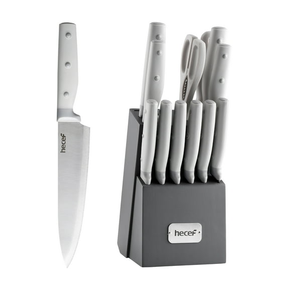 Hecef Kitchen Knife Set of 14 Premium Stainless Steel with Wooden Block, Comfort Grip