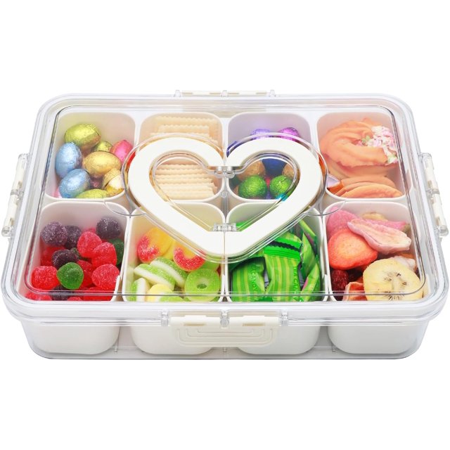 Bandeja Portátil de 8 Compartimentos con Tapa y Asa para Servir Snacks Frutas y Dulces en Fiestas
