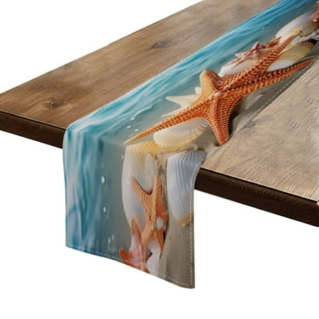 

Table Runner 13*72 In Set Of 1 Starfish And Seashells On The Beach With Clear Blue Water In The Background High Density Cotton Linens Machine Washable Table Runner For Kitchen Dining Table Decor