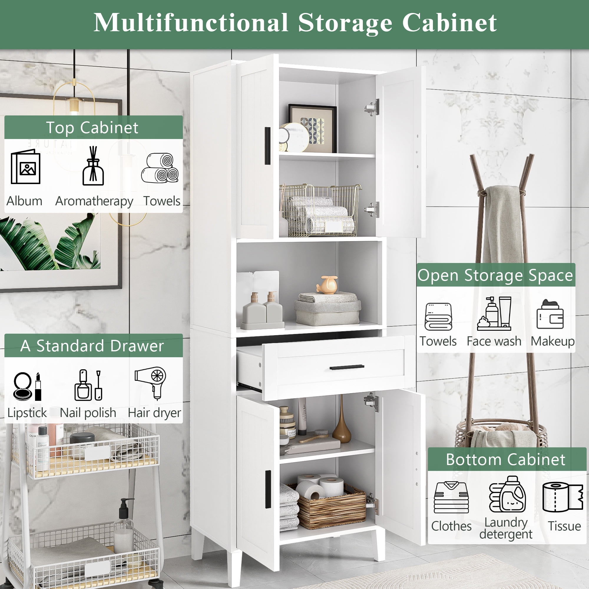 Euroco Tall Bathroom Storage Cabinet with Adjustable Shelves, Soft-Close Doors, and Drawer, Water-Resistant Finish