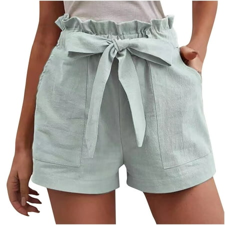 

Women s Shorts Summer Elastic Waist Solid Casual Wide Leg Bow Tie High Waist Lace-up Shorts Beach Shorts