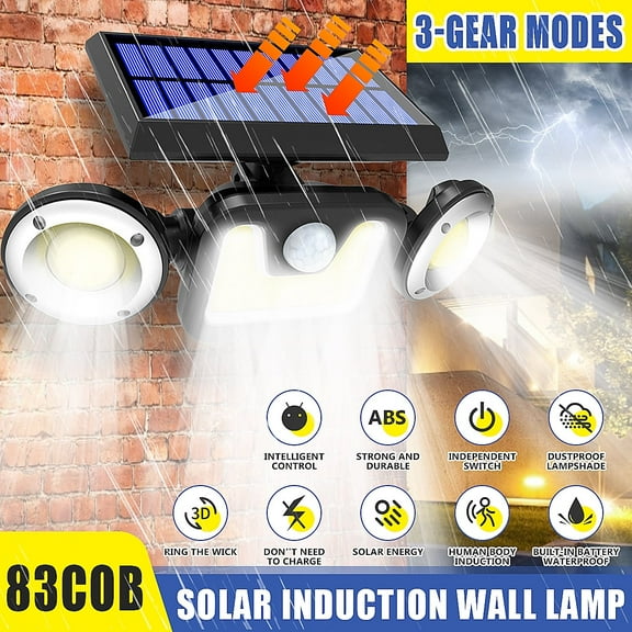 Solar Three-head Wall Lamp，83COB Solar Spotlight Flood Light Motion Sensor Wireless Detector Security Light with 3 Mode, IP67 Waterproof & 360° Wide Lighting Angle for Garage Yard Garden Patio
