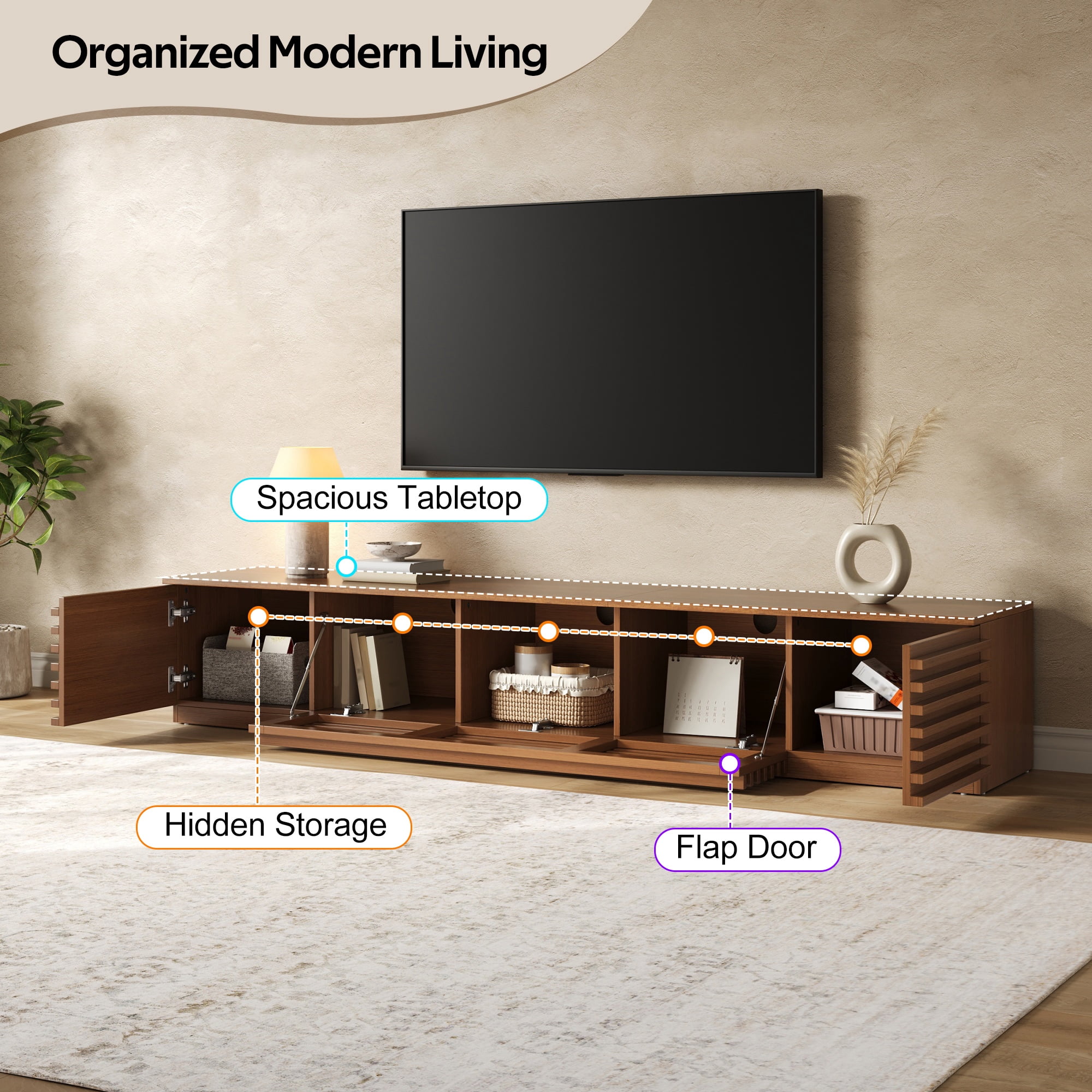 TV Stand for TVs up to 90 Inch, Entertainment Center with Slatted Doors & Cable Management, Media Console with Soft-Close Hinges for Living Room