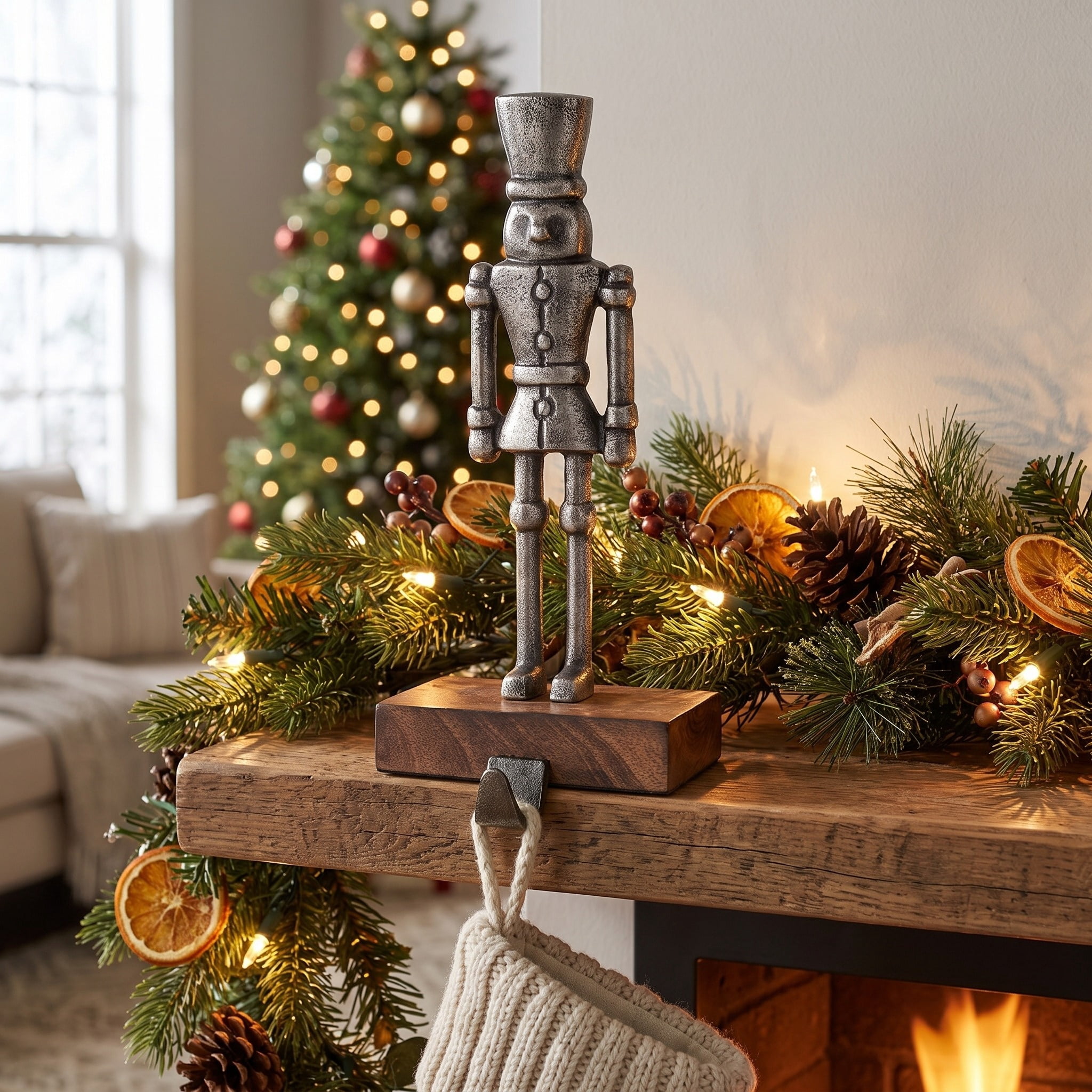 Small Metal Nutcracker Christmas Stocking Holder, Rustic Silver, 9", by Holiday Time