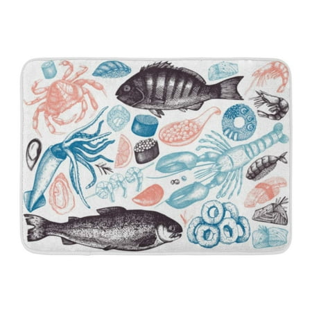 - GODPOK Collection of Seafood Fresh Fish Lobster Crab Oyster Mussel Squid Ring Caviar Sushi Vintage Food Sketch Rug Doormat Bath Mat 23.6x15.7 inch
