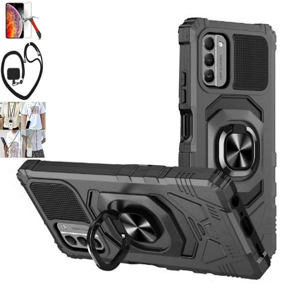 For Nokia G400 5G Case with Lanyard Crossbody Necklace, Screen Protector (Robotic Black / Tempered glass / Lanyard#6)