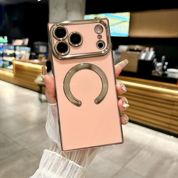 Luxury Magnetic Case for iPhone 17 Pro Max, Plated Frame Compatible with MagSafe Wireless Charging, Full Camera Lens Protection, Anti-Scratch Shockproof Protective Phone Cover,Pink