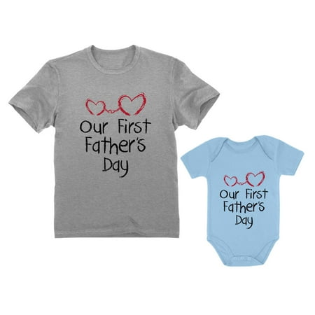 

Our First Father s Day Dad & Baby Matching Set Infant Bodysuit & Men s T-Shirt Dad Gray XX-Large / Baby Aqua 24M (18-24M)