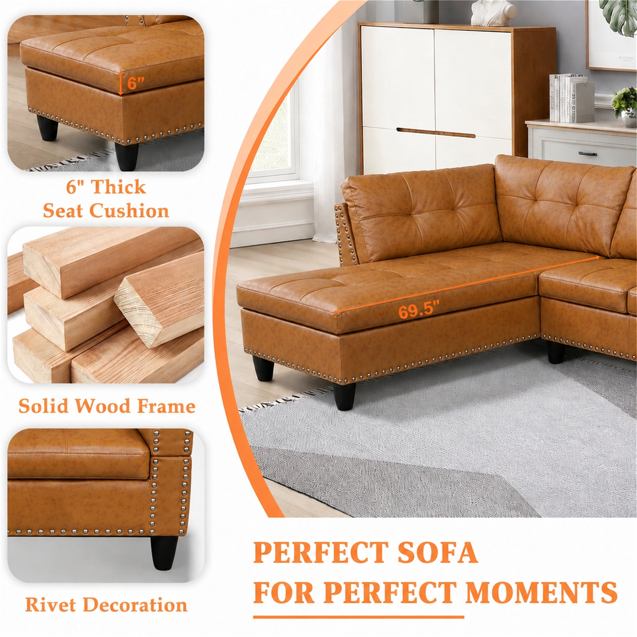 Aukfa 98" L Shaped Sectional Couch with Cup Holder Console, Tufted Back&Nailhead Trim, Oversized Left Chaise Leather Sofa for Living Room, Ginger