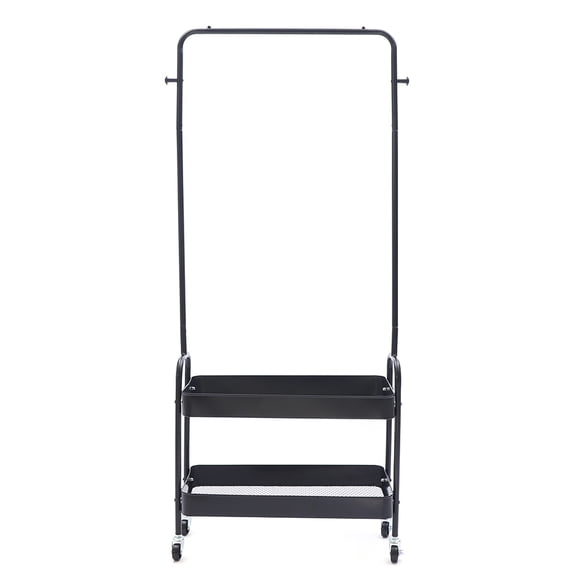 2-Tiers Clothes Rack Freestanding Clothing Garment Rack with Metal Basket Rolling Storage Clothes Shelves Portable Organizer Coat Rack for Entryway Home Bedroom Laundry Small Place