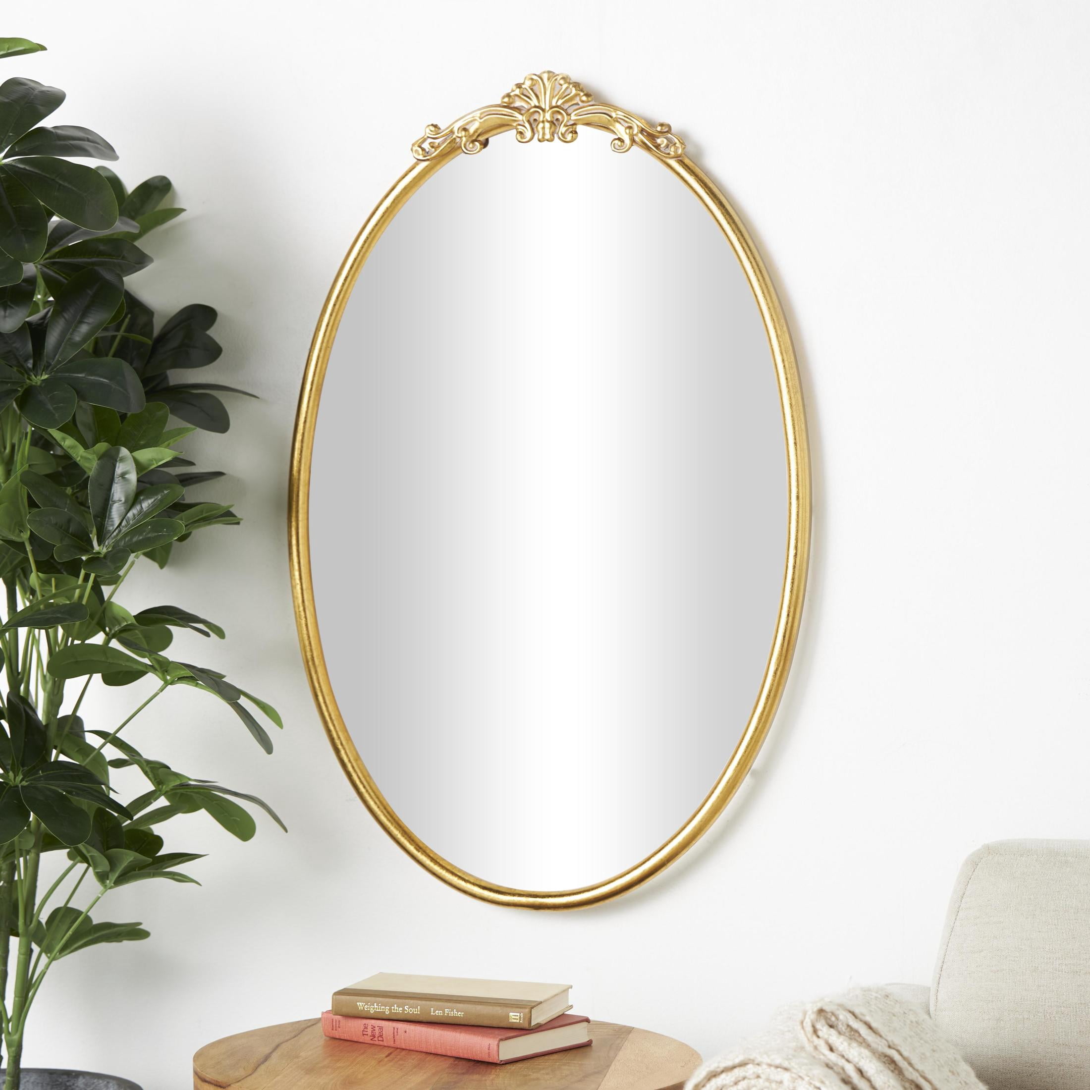 DecMode 24" x 38" Gold Ornate Baroque Oval Scroll Wall Mirror