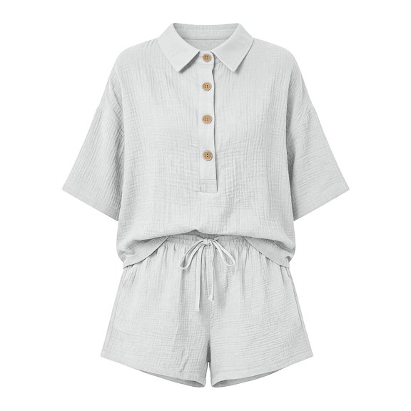 ZIXKCGDSE Women 2 Piece Linen Short Sets Button Down Shirts and Pocket Shorts Beach Clothes Size XL